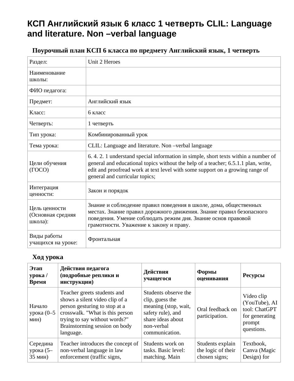 КСП Английский язык 6 класс 1 четверть CLIL: Language and literature. Non –verbal language