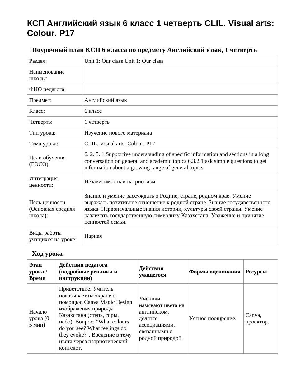 КСП Английский язык 6 класс 1 четверть CLIL. Visual arts: Colour. P17
