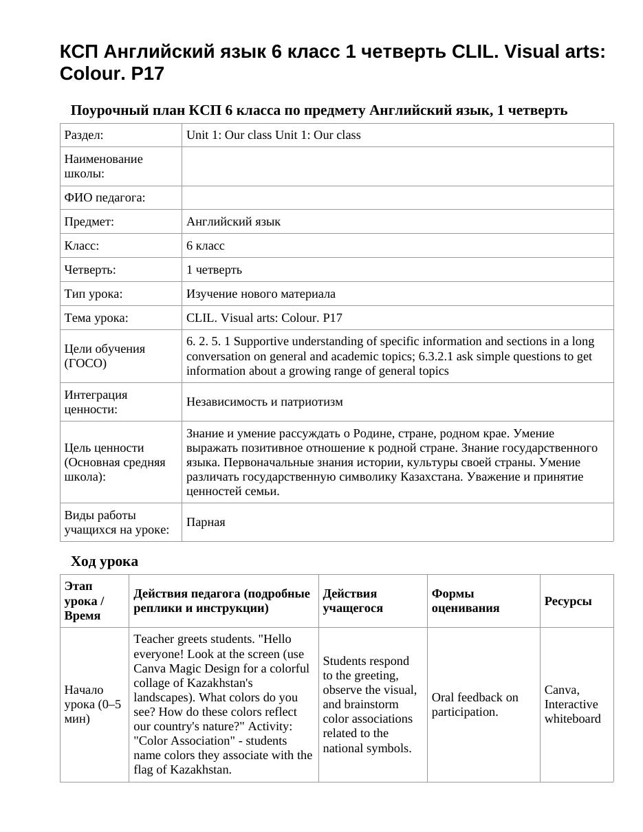 КСП Английский язык 6 класс 1 четверть CLIL. Visual arts: Colour. P17