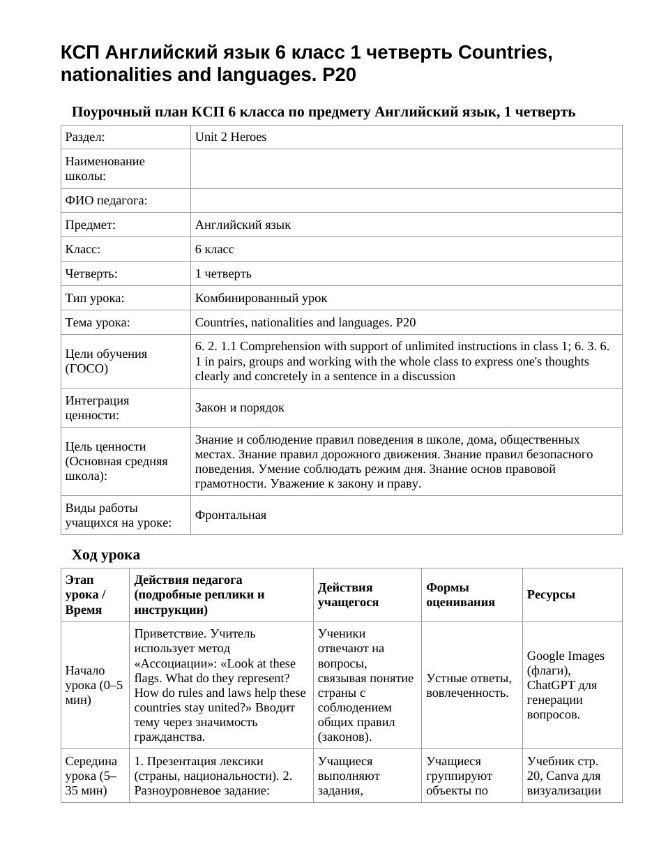 КСП Английский язык 6 класс 1 четверть Countries, nationalities and languages. P20