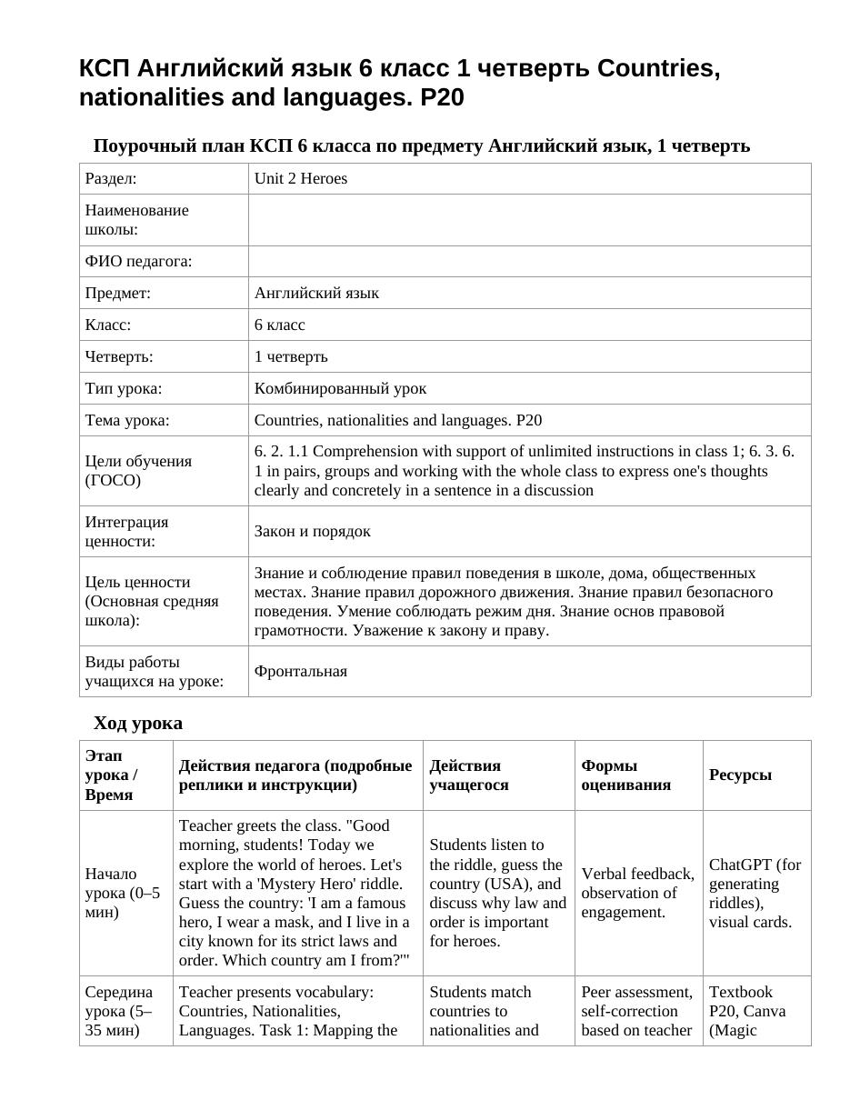 КСП Английский язык 6 класс 1 четверть Countries, nationalities and languages. P20