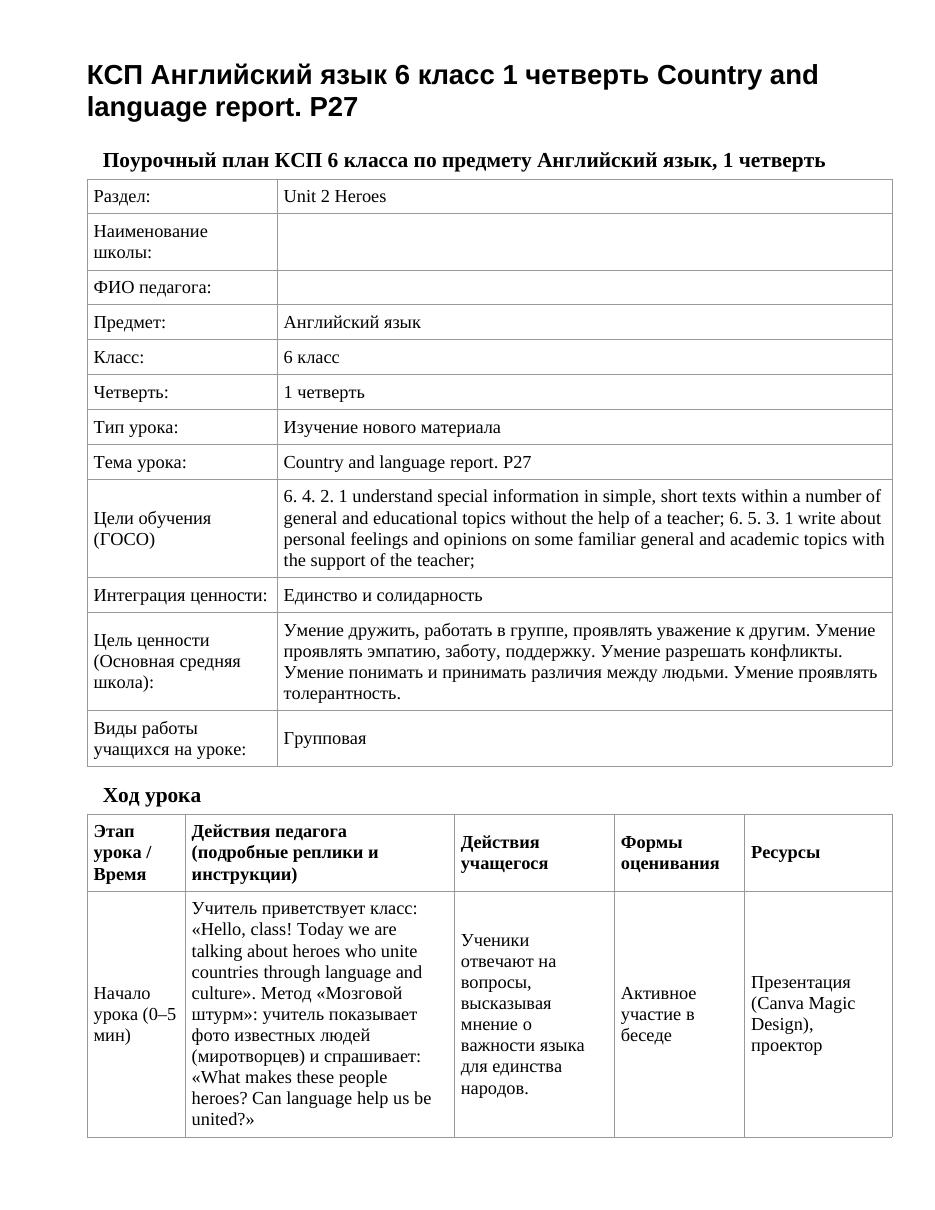 КСП Английский язык 6 класс 1 четверть Country and language report. P27