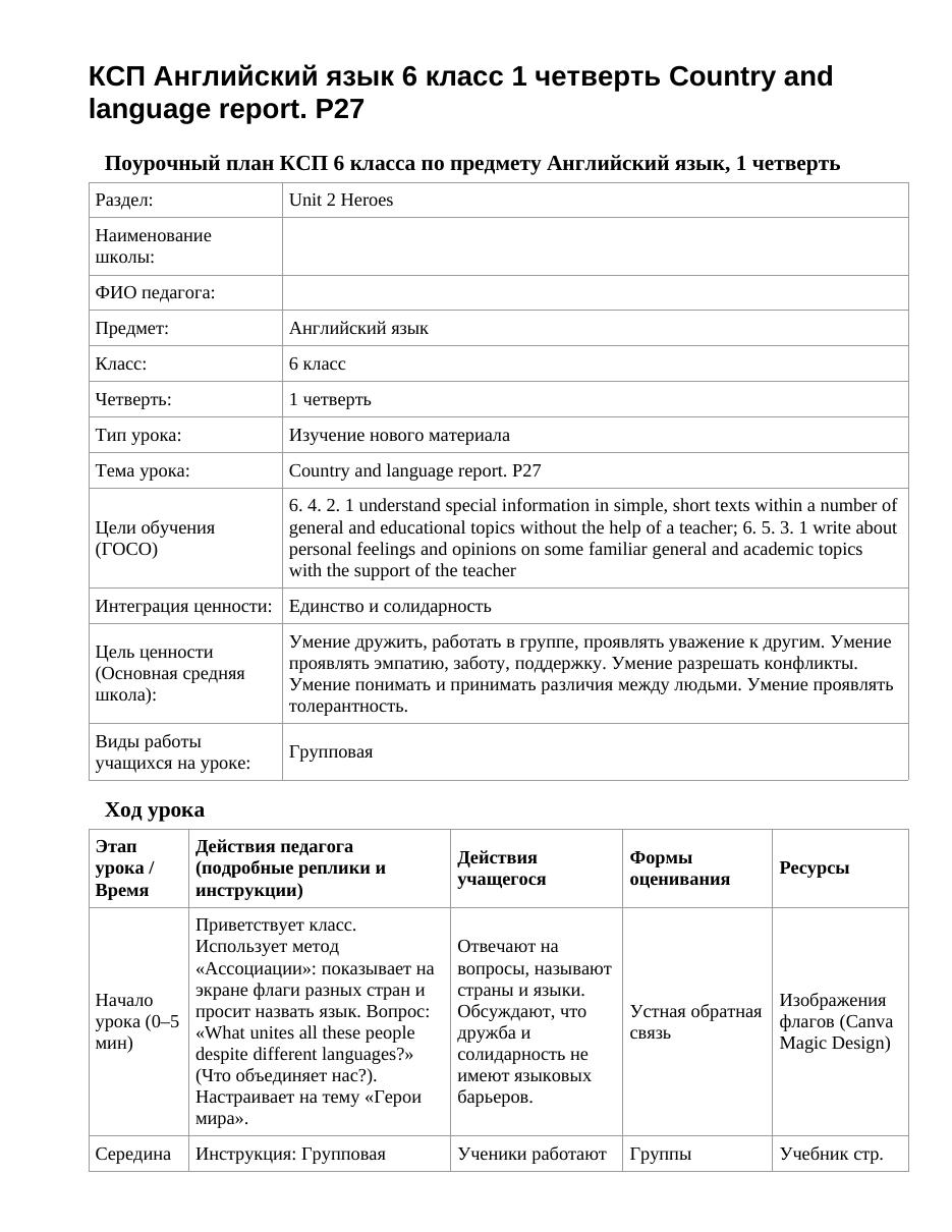 КСП Английский язык 6 класс 1 четверть Country and language report. P27