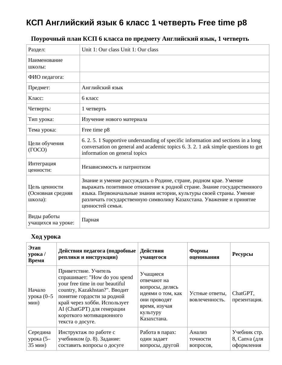 КСП Английский язык 6 класс 1 четверть Free time p8