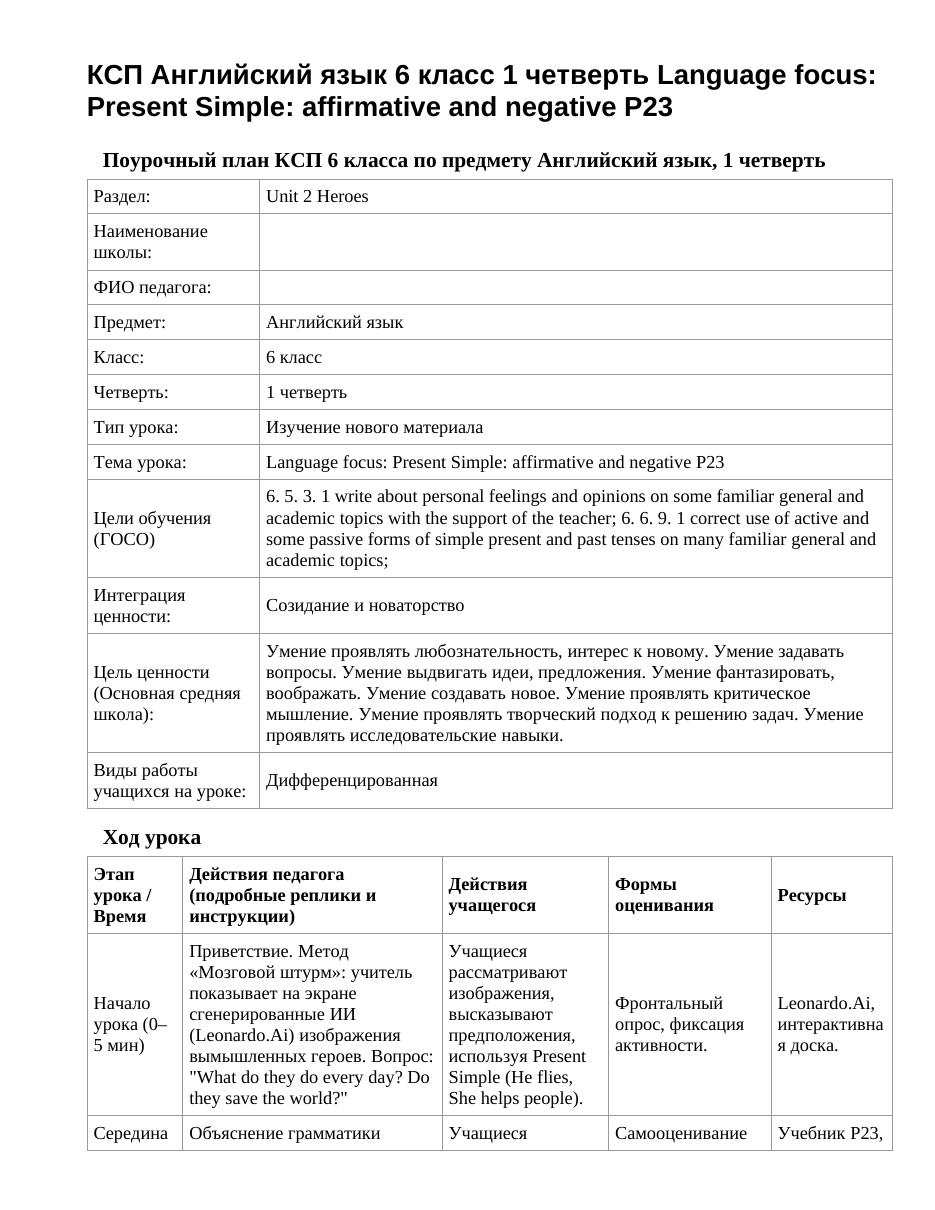 КСП Английский язык 6 класс 1 четверть Language focus: Present Simple: affirmative and negative P23
