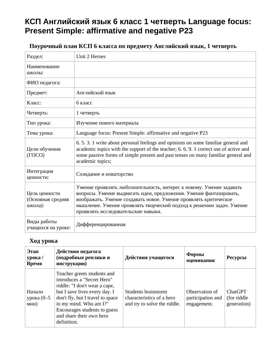 КСП Английский язык 6 класс 1 четверть Language focus: Present Simple: affirmative and negative P23