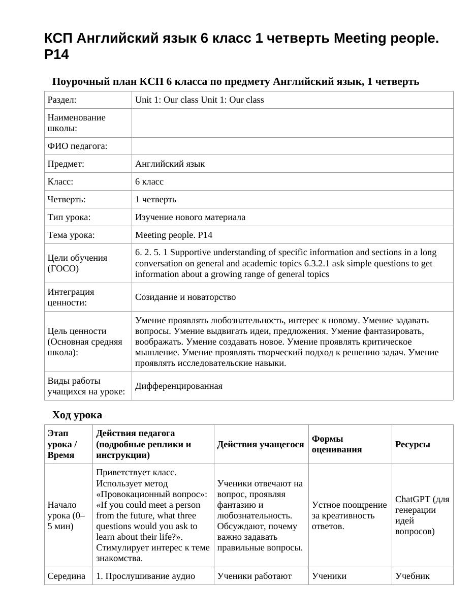 КСП Английский язык 6 класс 1 четверть Meeting people. P14