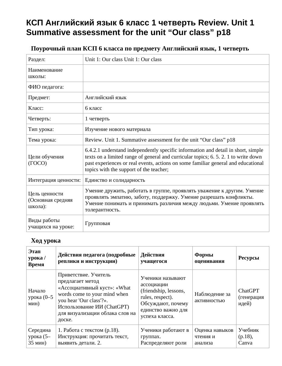 КСП Английский язык 6 класс 1 четверть Review. Unit 1 Summative assessment for the unit “Our class” p18
