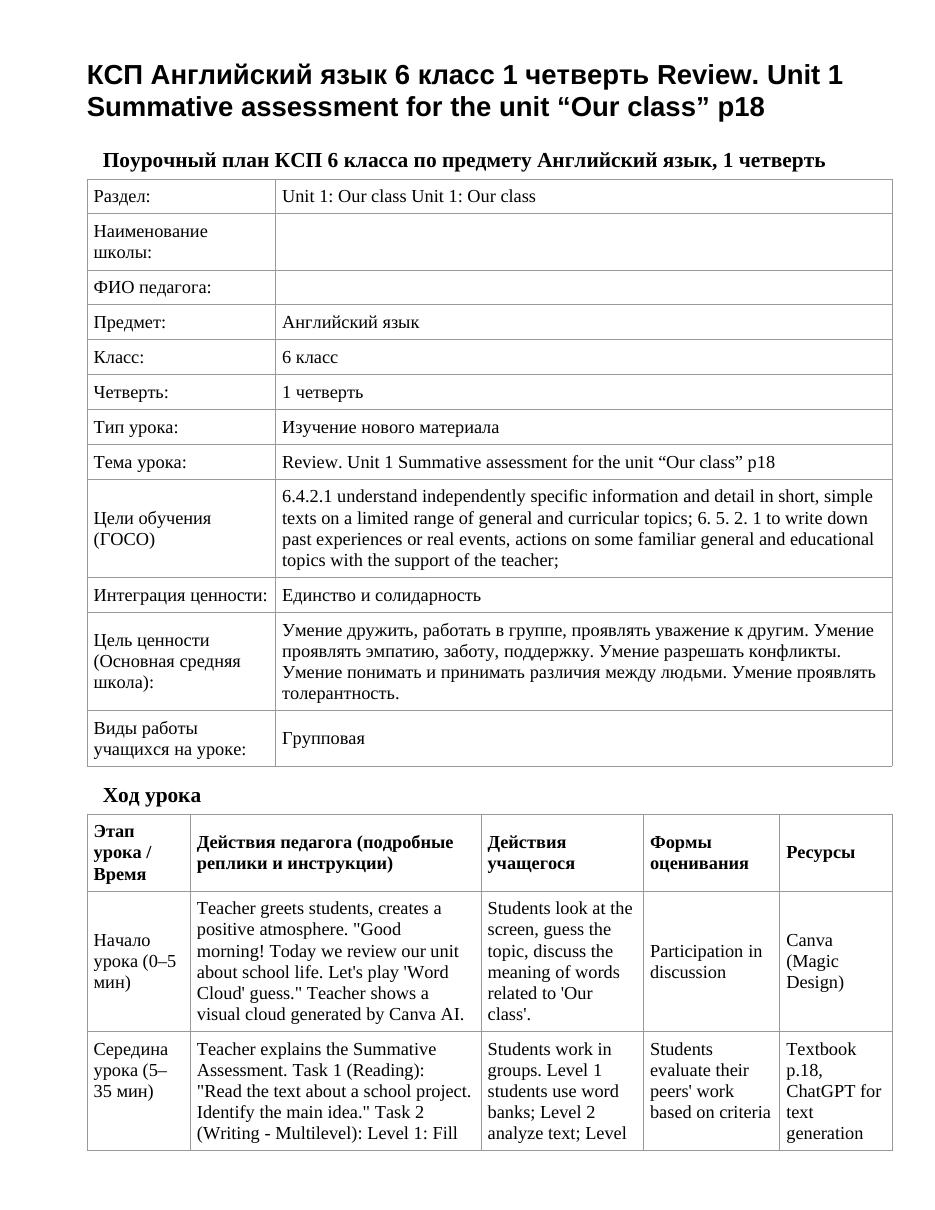 КСП Английский язык 6 класс 1 четверть Review. Unit 1 Summative assessment for the unit “Our class” p18