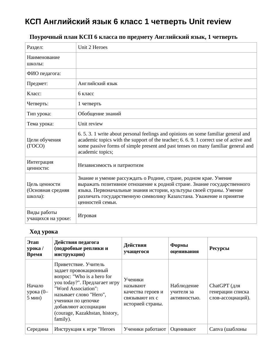 КСП Английский язык 6 класс 1 четверть Unit review