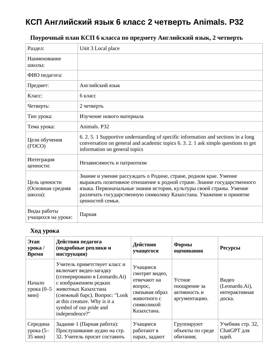 КСП Английский язык 6 класс 2 четверть Animals. P32