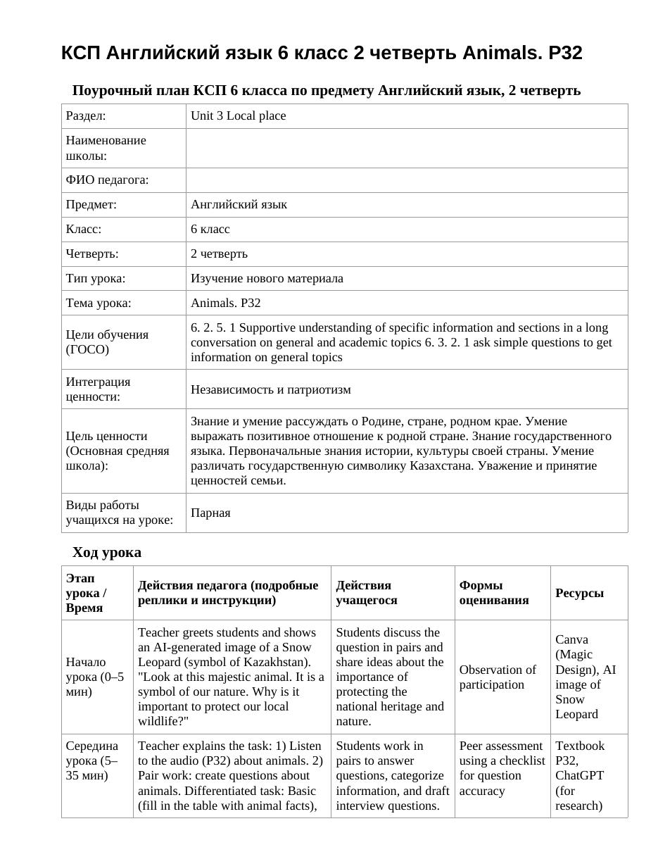 КСП Английский язык 6 класс 2 четверть Animals. P32
