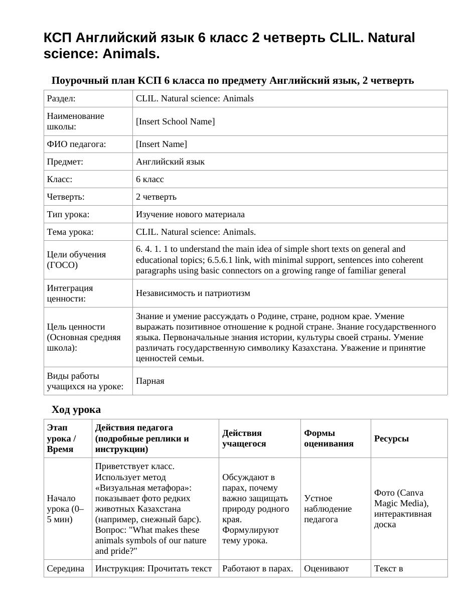 КСП Английский язык 6 класс 2 четверть CLIL. Natural science: Animals.