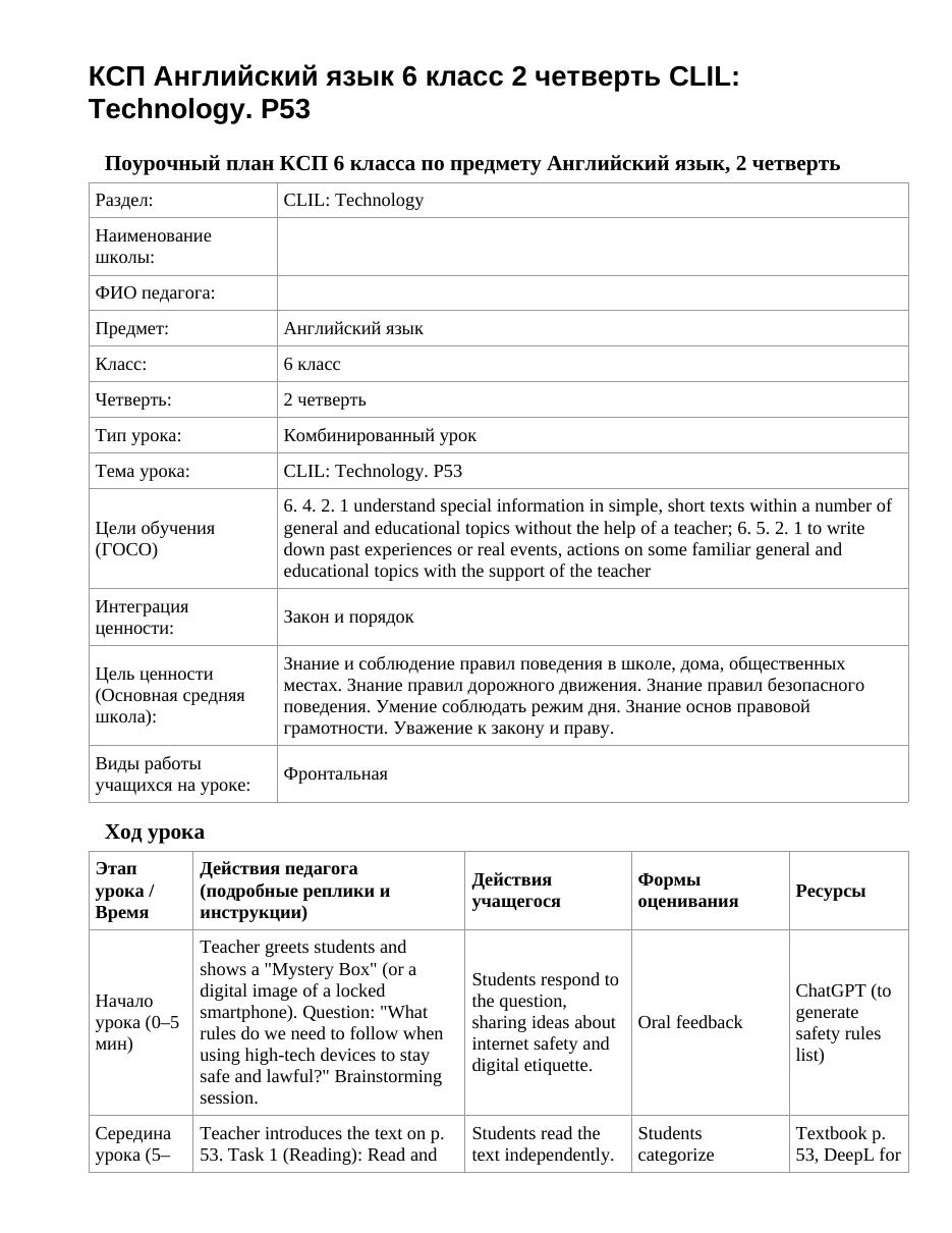 КСП Английский язык 6 класс 2 четверть CLIL: Technology. P53