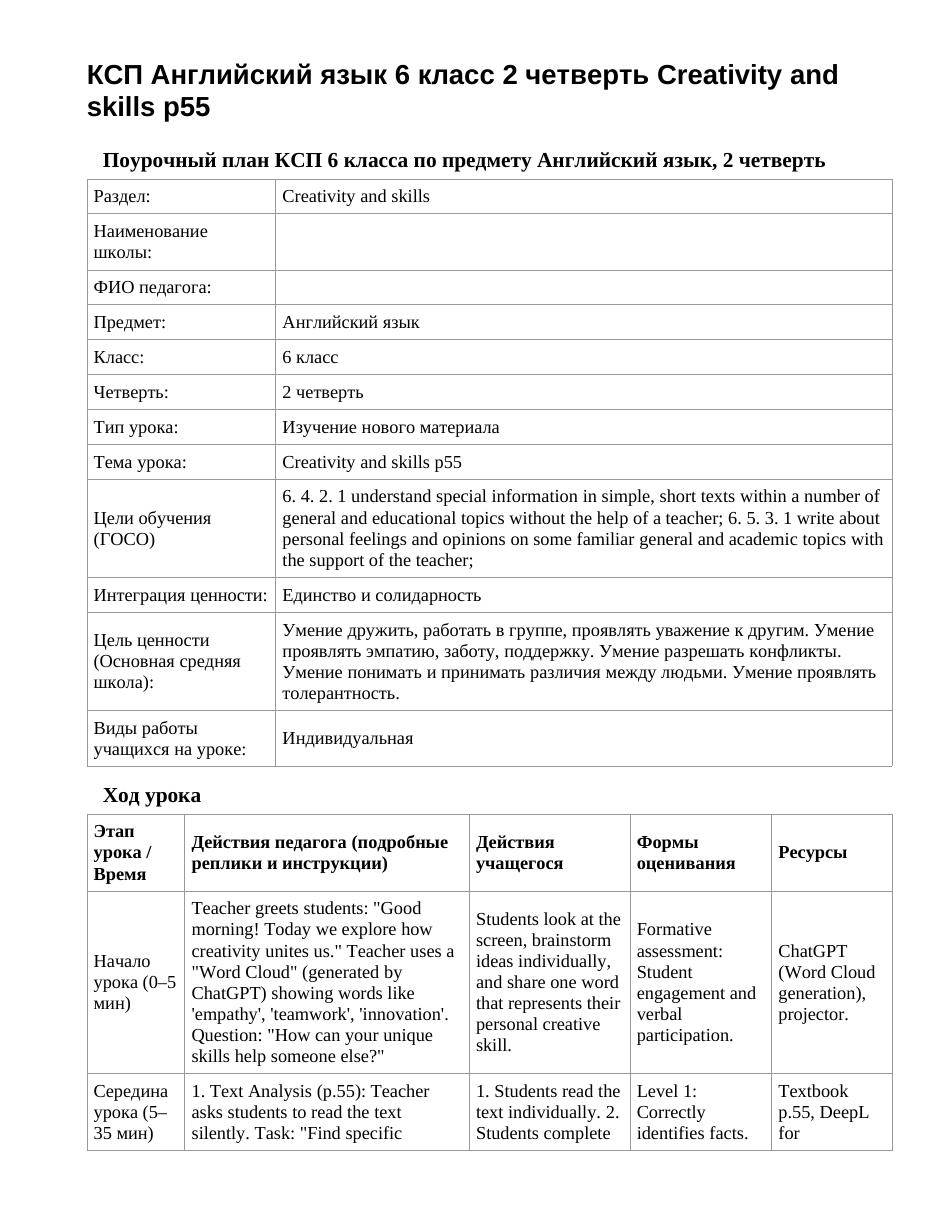 КСП Английский язык 6 класс 2 четверть Creativity and skills p55