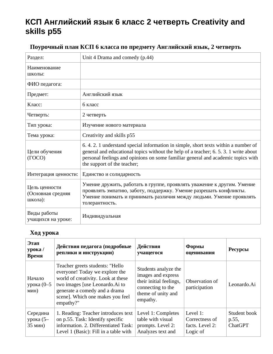 КСП Английский язык 6 класс 2 четверть Creativity and skills p55