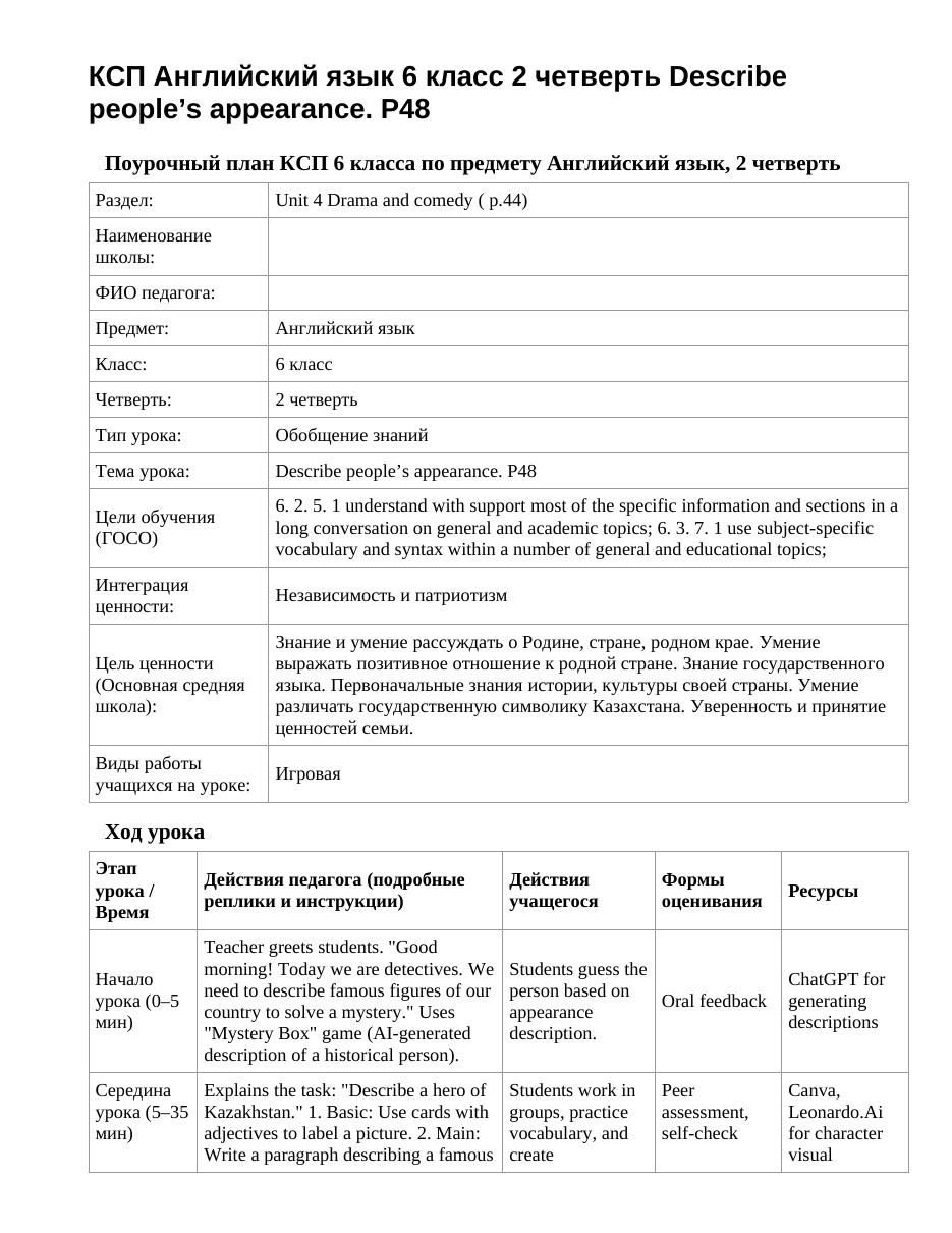 КСП Английский язык 6 класс 2 четверть Describe people’s appearance. P48
