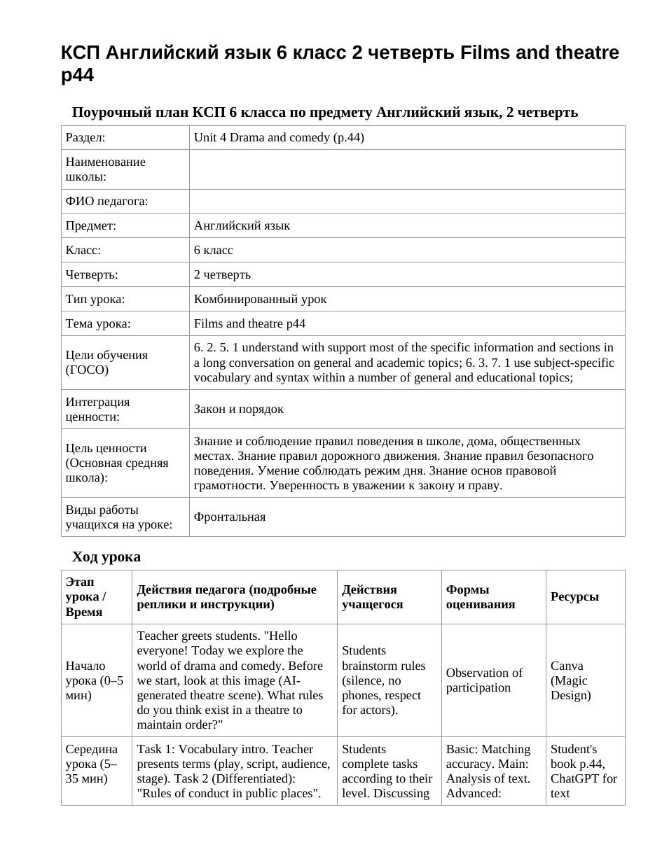 КСП Английский язык 6 класс 2 четверть Films and theatre p44