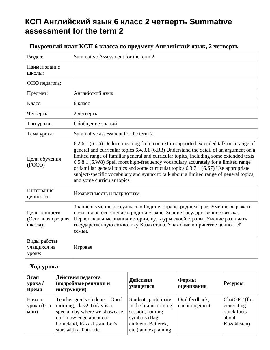 КСП Английский язык 6 класс 2 четверть Summative assessment for the term 2