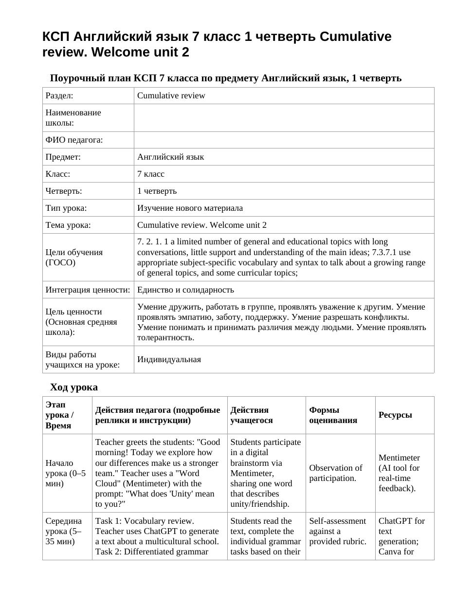КСП Английский язык 7 класс 1 четверть Cumulative review. Welcome unit 2