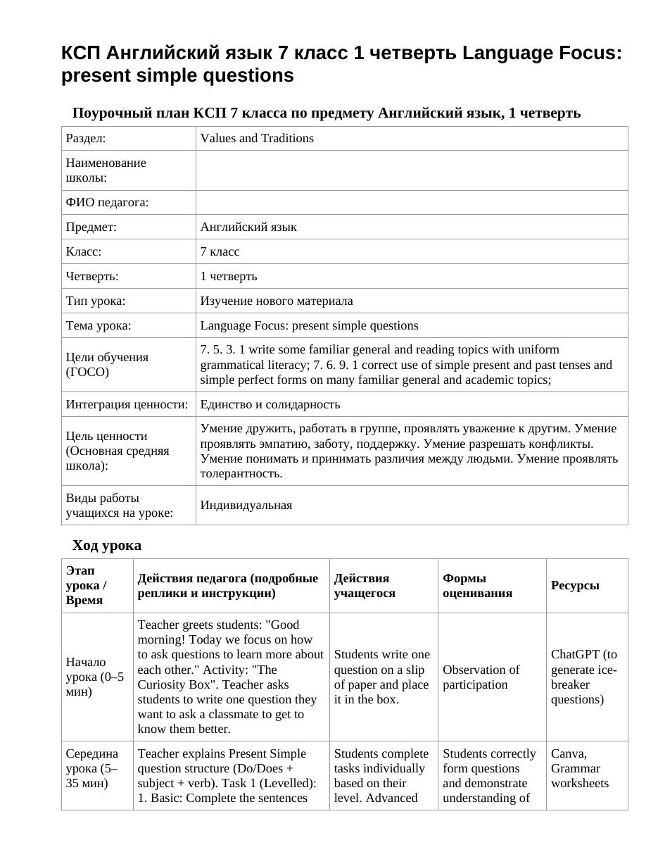 КСП Английский язык 7 класс 1 четверть Language Focus: present simple questions