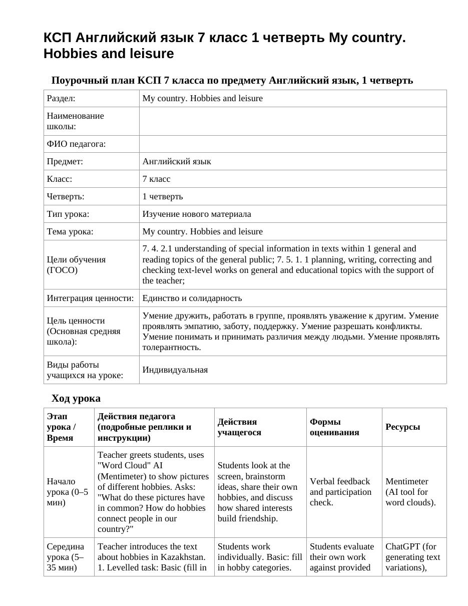 КСП Английский язык 7 класс 1 четверть My country. Hobbies and leisure