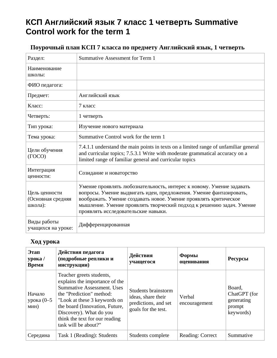 КСП Английский язык 7 класс 1 четверть Summative Control work for the term 1