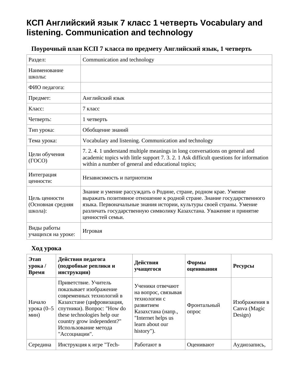 КСП Английский язык 7 класс 1 четверть Vocabulary and listening. Communication and technology