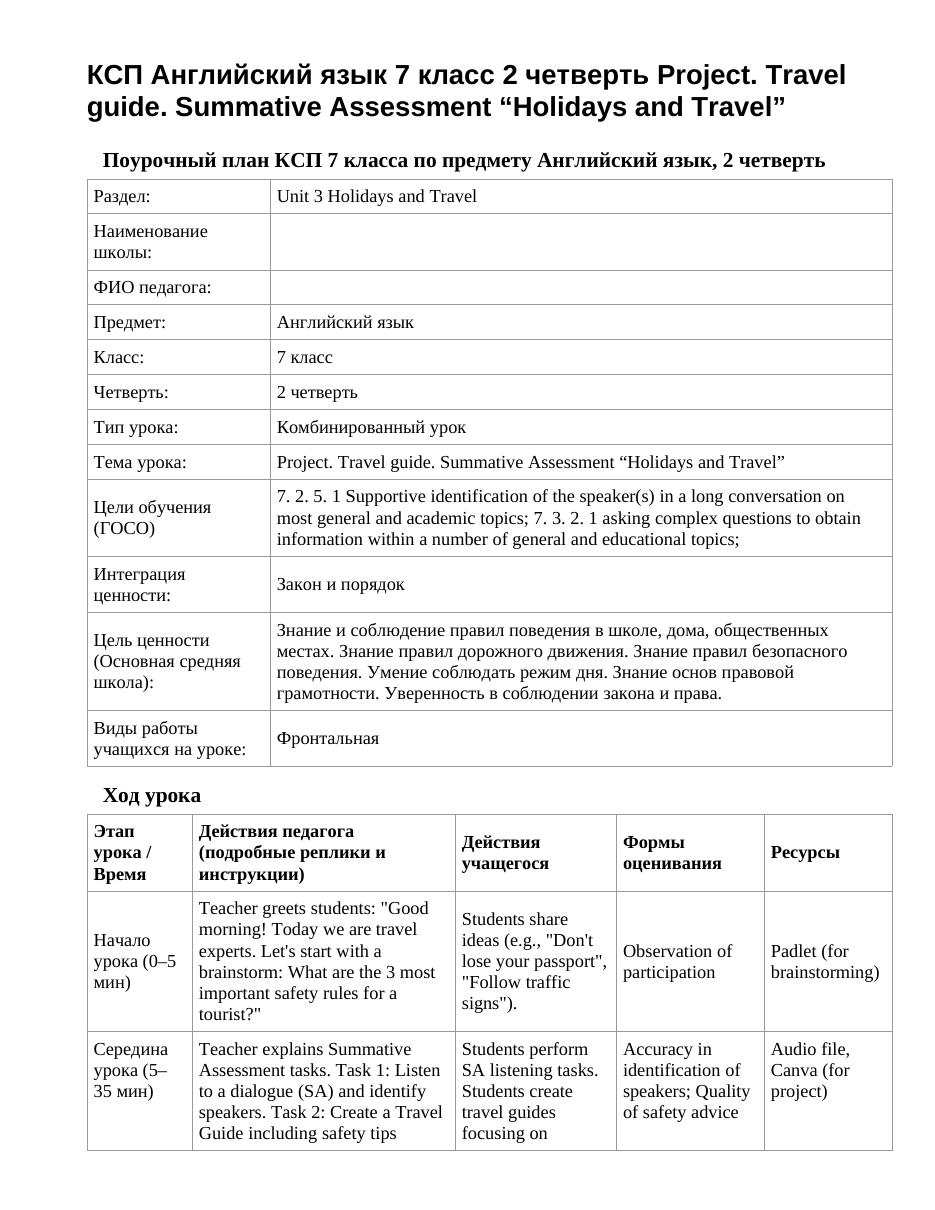 КСП Английский язык 7 класс 2 четверть Project. Travel guide. Summative Assessment “Holidays and Travel”