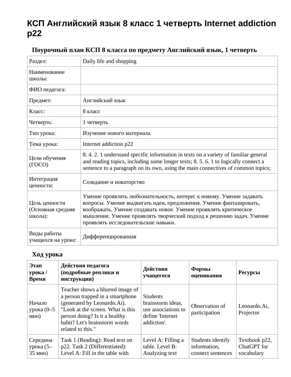 КСП Английский язык 8 класс 1 четверть Internet addiction p22