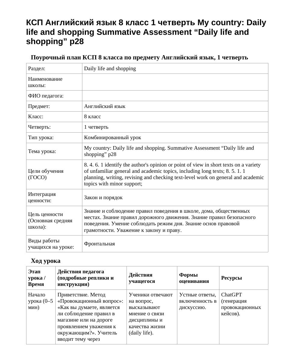 КСП Английский язык 8 класс 1 четверть My country: Daily life and shopping Summative Assessment “Daily life and shopping” p28