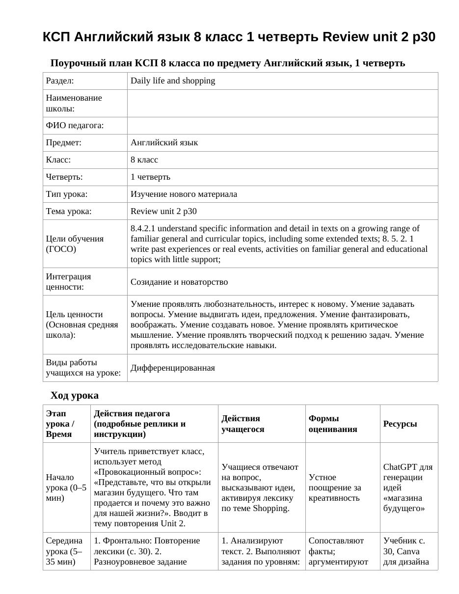 КСП Английский язык 8 класс 1 четверть Review unit 2 p30