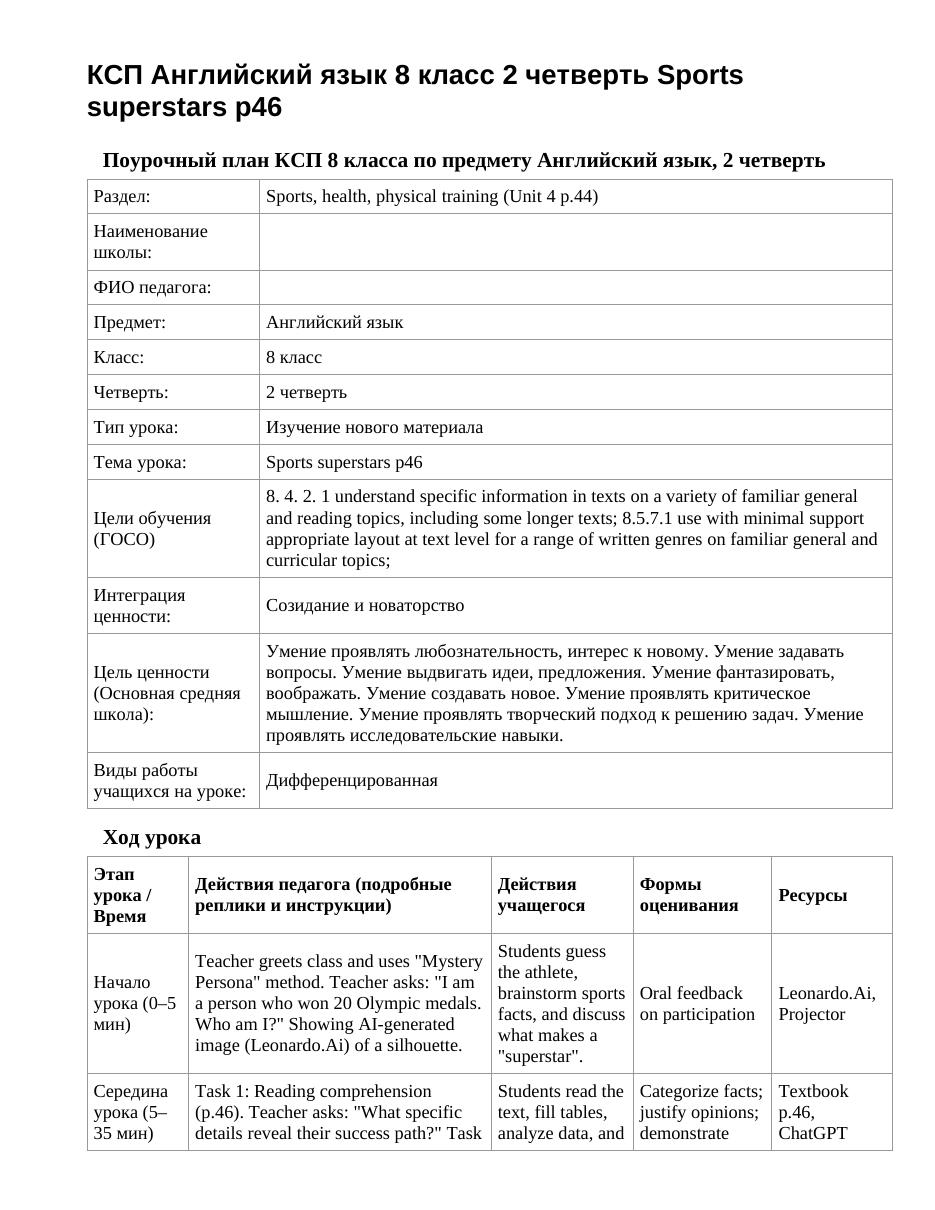 КСП Английский язык 8 класс 2 четверть Sports superstars p46