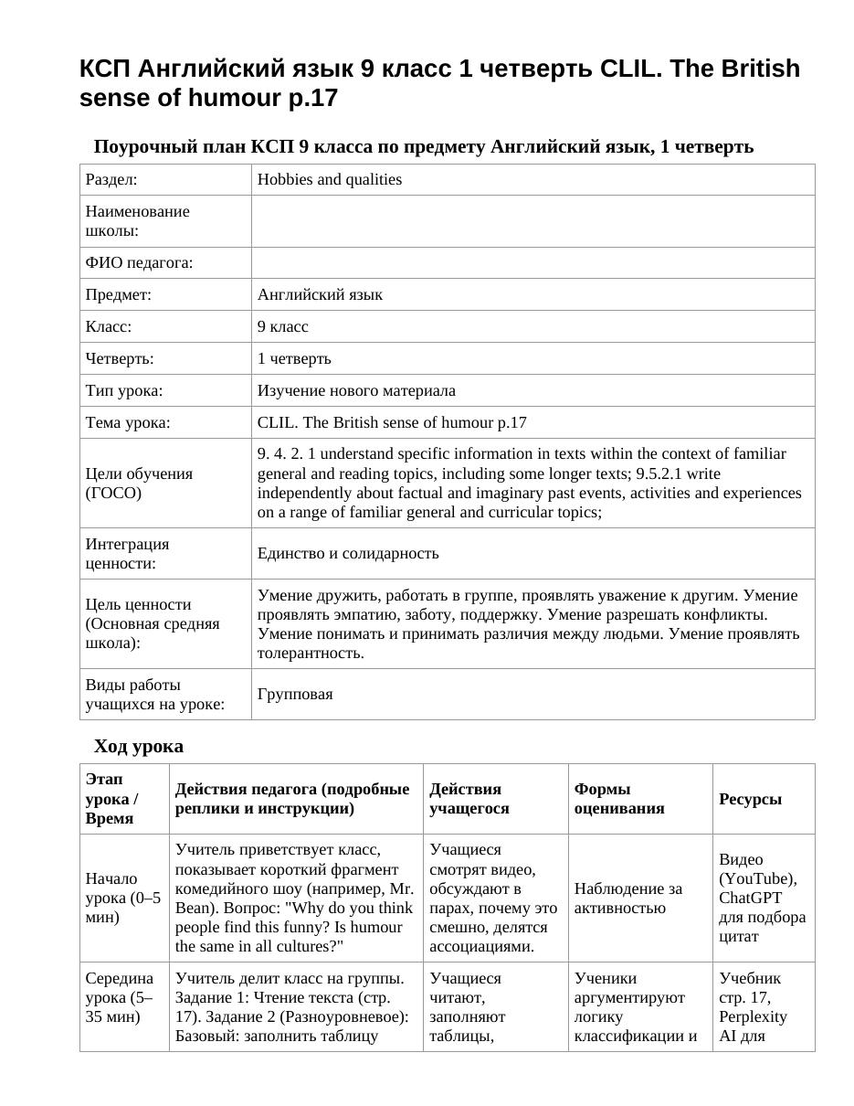 КСП Английский язык 9 класс 1 четверть CLIL. The British sense of humour p.17