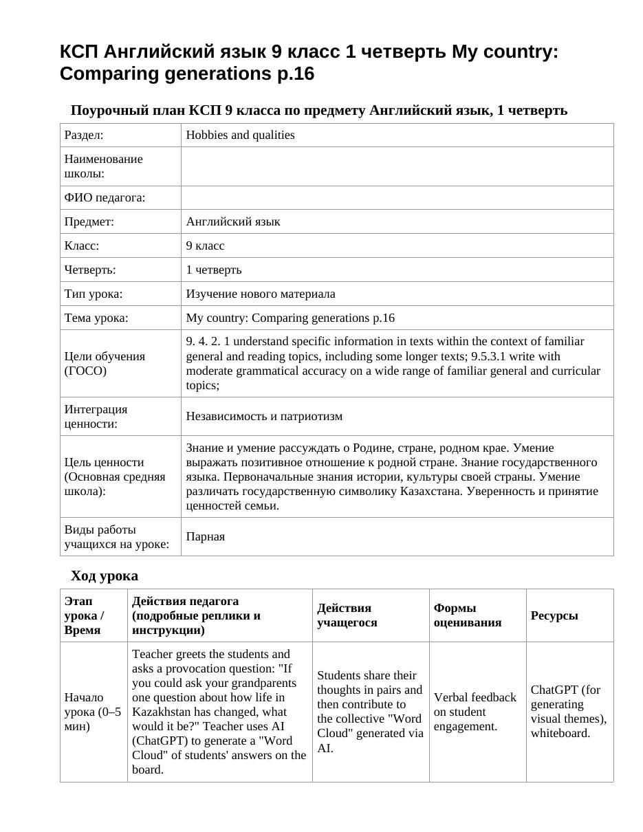 КСП Английский язык 9 класс 1 четверть My country: Comparing generations p.16