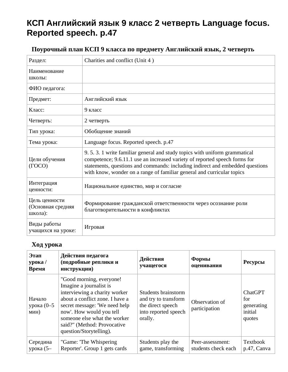 КСП Английский язык 9 класс 2 четверть Language focus. Reported speech. p.47
