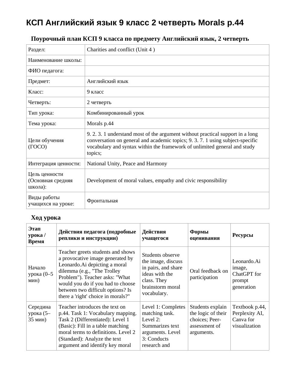 КСП Английский язык 9 класс 2 четверть Morals p.44