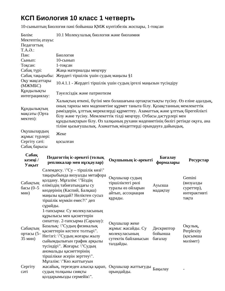 КСП Биология 10 класс 1 четверть