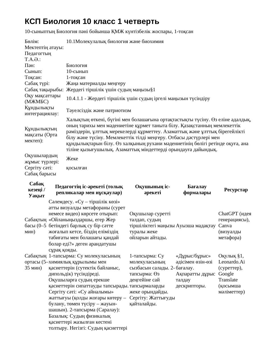 КСП Биология 10 класс 1 четверть