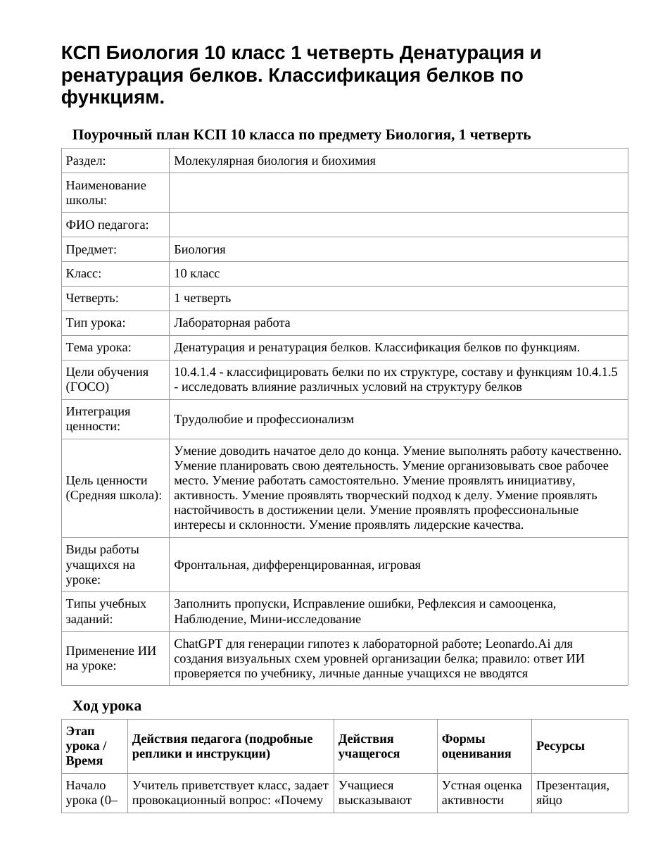 КСП Биология 10 класс 1 четверть Денатурация и ренатурация белков. Классификация белков по функциям.