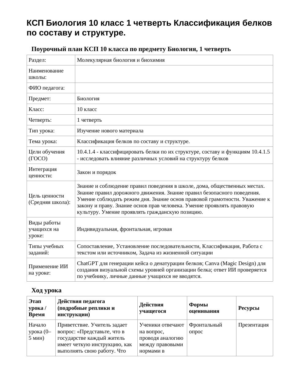 КСП Биология 10 класс 1 четверть Классификация белков по составу и структуре.