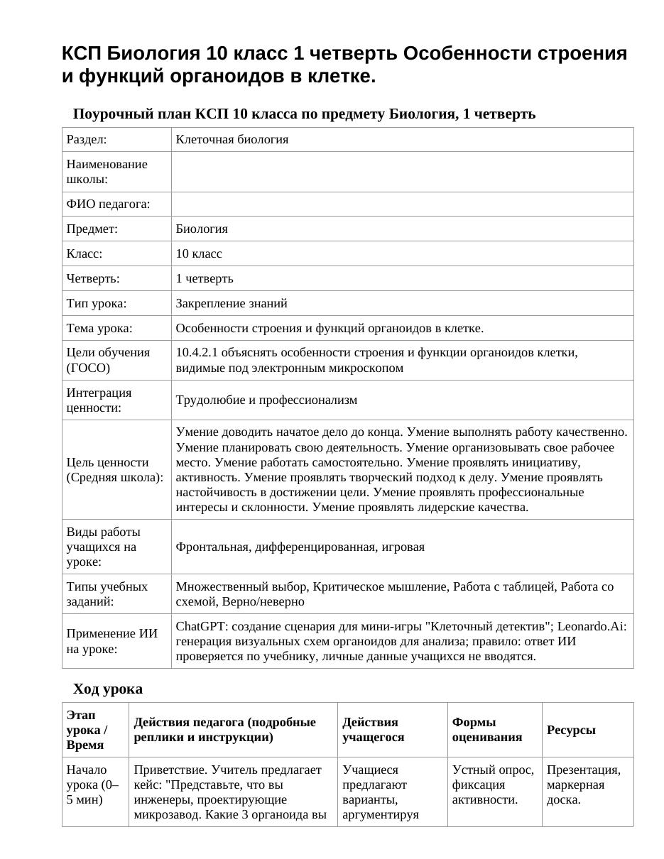 КСП Биология 10 класс 1 четверть Особенности строения и функций органоидов в клетке.