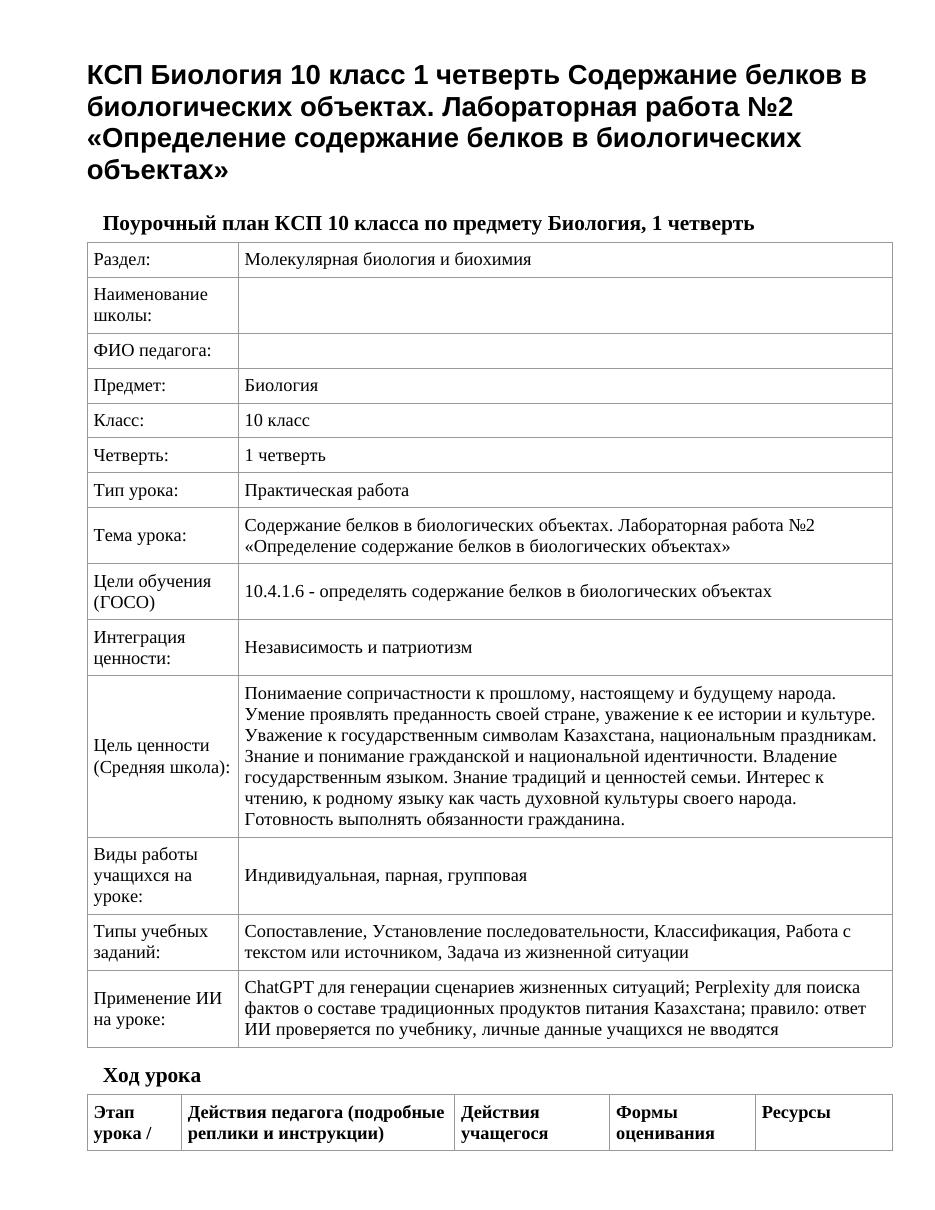 КСП Биология 10 класс 1 четверть Содержание белков в биологических объектах. Лабораторная работа №2 «Определение содержание белков в биологических объектах»