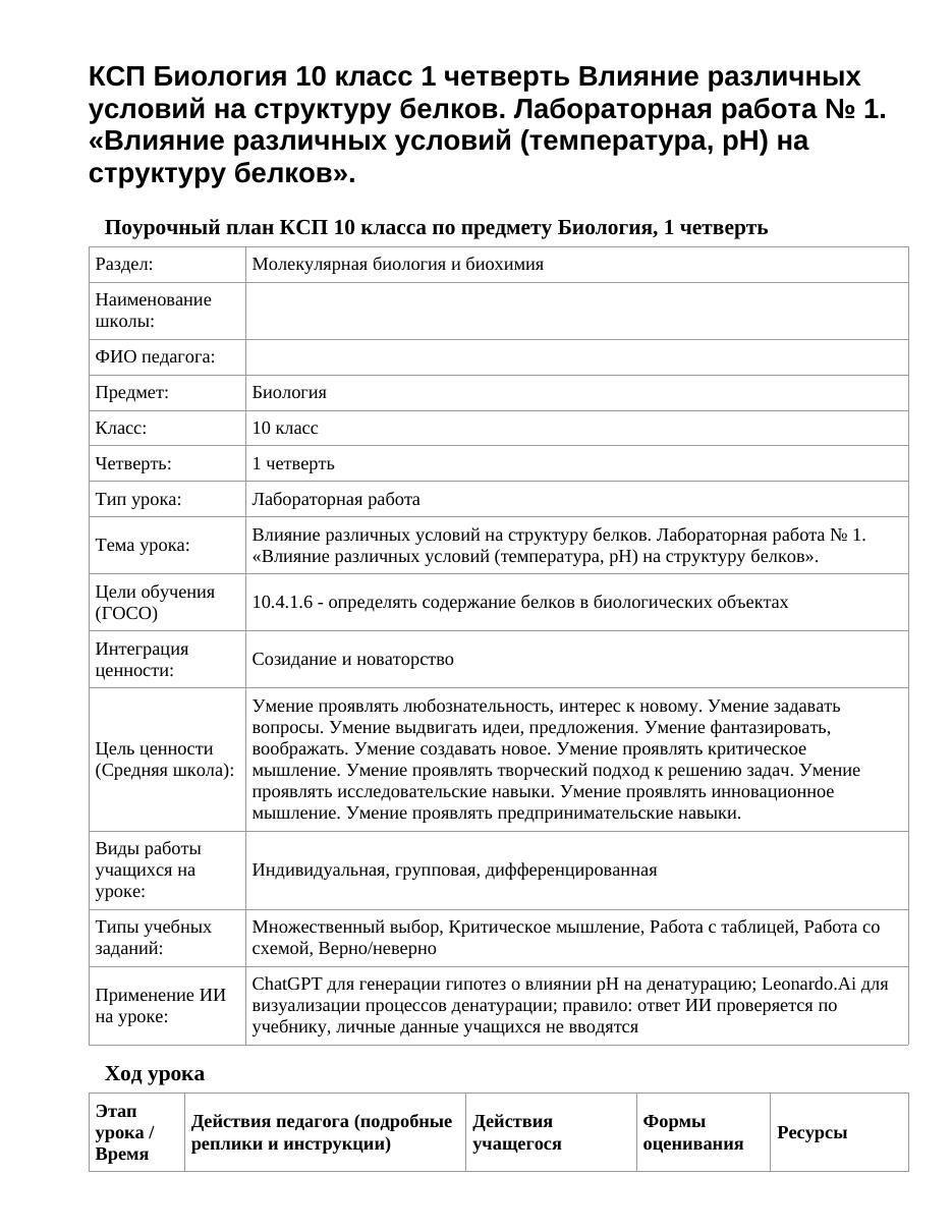 КСП Биология 10 класс 1 четверть Влияние различных условий на структуру белков. Лабораторная работа № 1. «Влияние различных условий (температура, pH) на структуру белков».