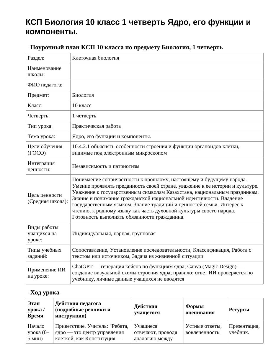 КСП Биология 10 класс 1 четверть Ядро, его функции и компоненты.
