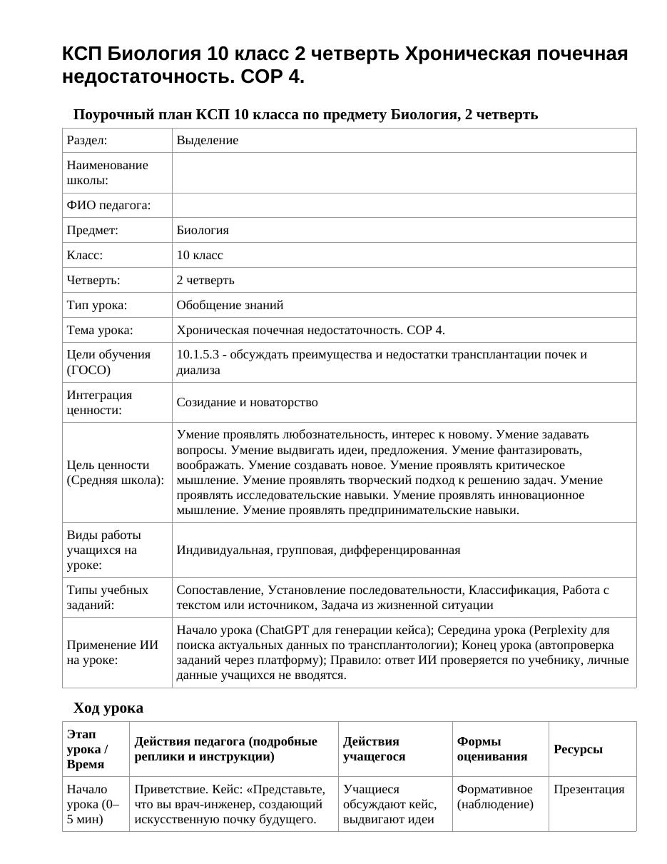 КСП Биология 10 класс 2 четверть Хроническая почечная недостаточность. СОР 4.