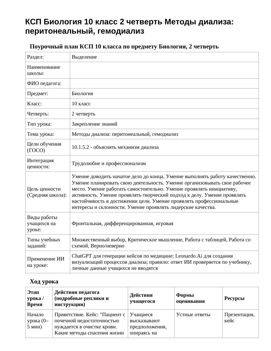 КСП Биология 10 класс 2 четверть Методы диализа: перитонеальный, гемодиализ