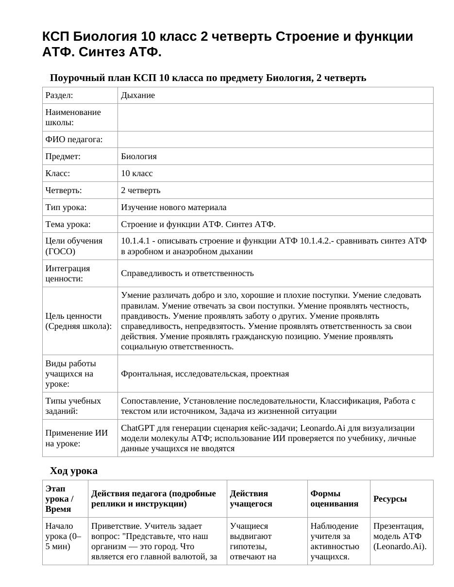 КСП Биология 10 класс 2 четверть Строение и функции АТФ. Синтез АТФ.