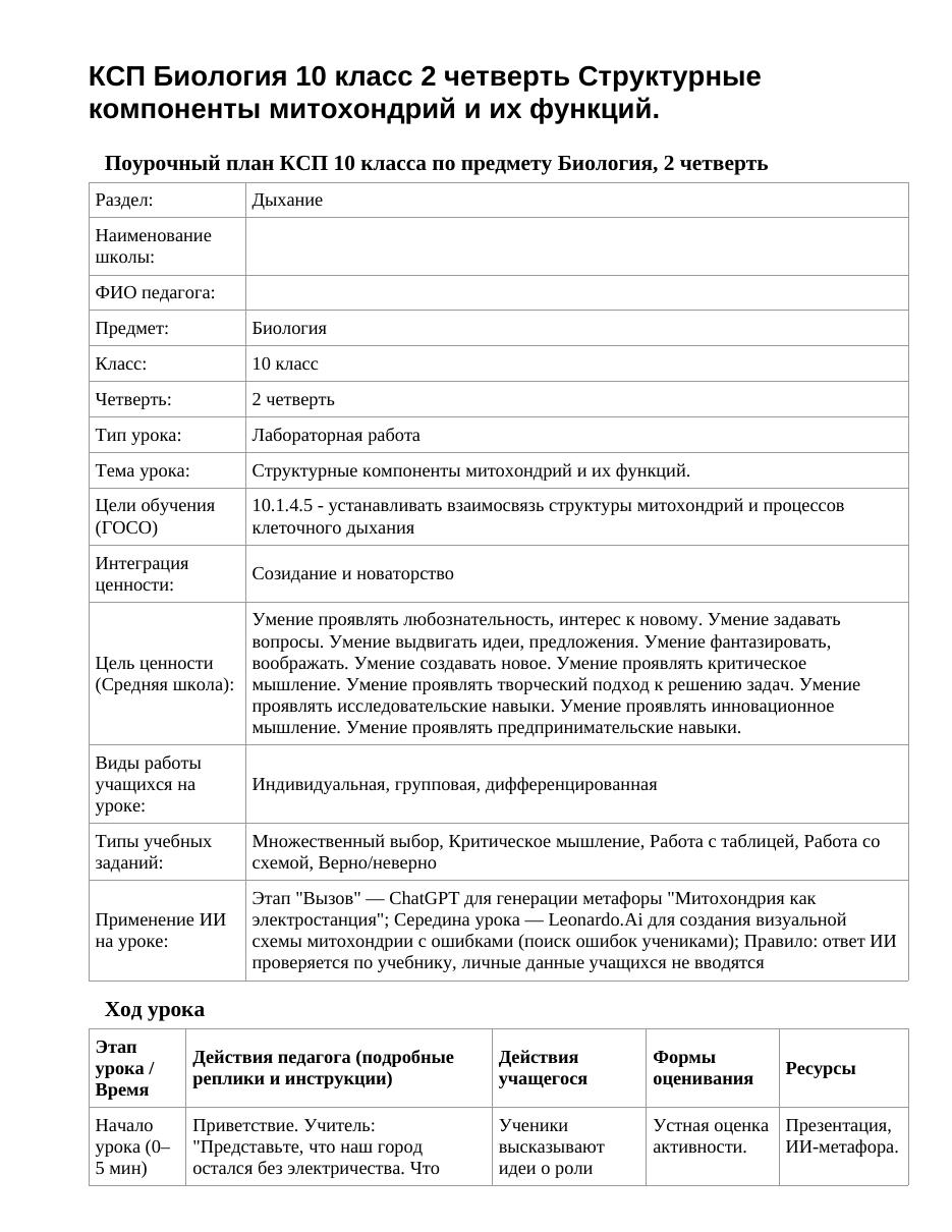 КСП Биология 10 класс 2 четверть Структурные компоненты митохондрий и их функций.