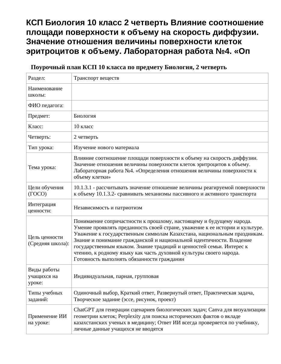 КСП Биология 10 класс 2 четверть Влияние соотношение площади поверхности к объему на скорость диффузии. Значение отношения величины поверхности клеток эритроцитов к объему. Лабораторная работа №4. «Оп